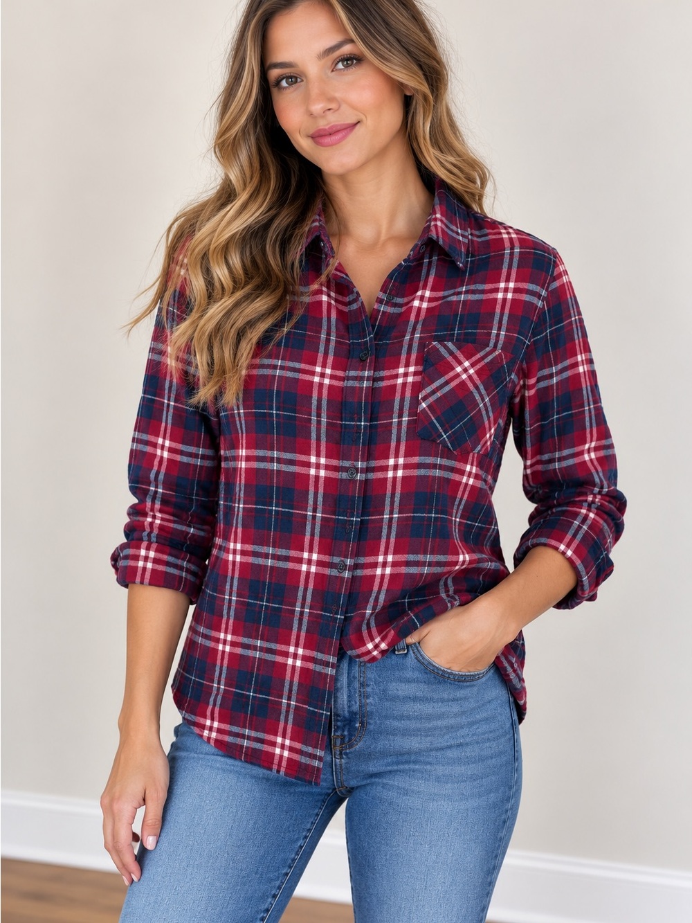 NWOT Well Worn Red and Navy Plaid Button-Up Shirt